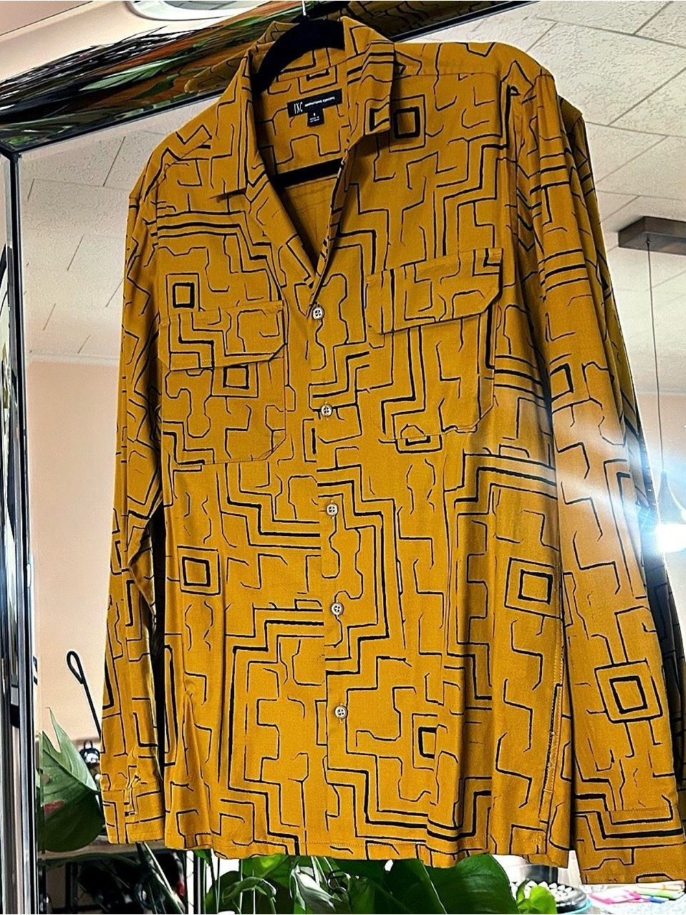 INC International Concepts Mustard Geometric Print Button-Down Shirt